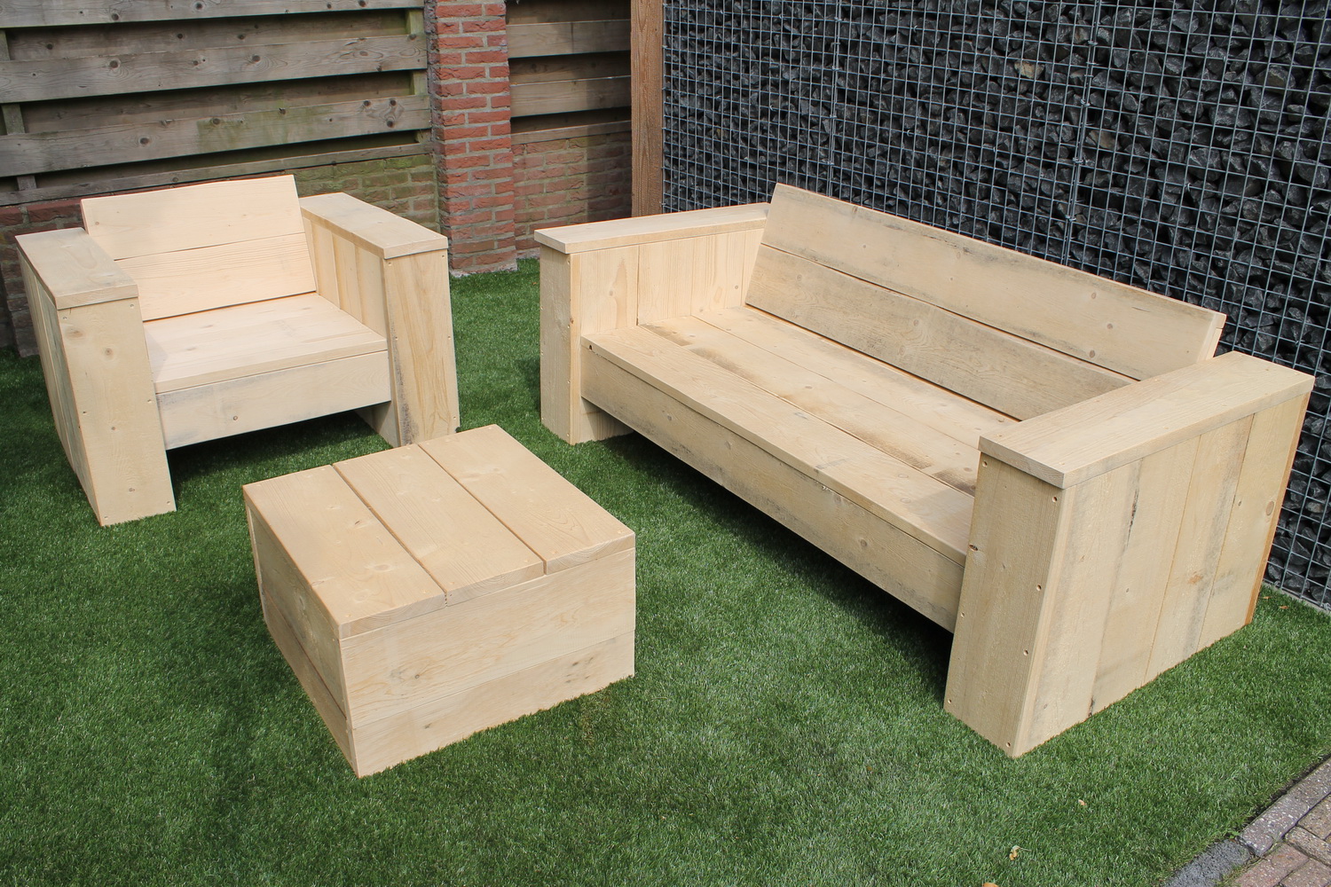 Steigerhouten Loungeset Loungebank 190cm Loungestoel Hocker