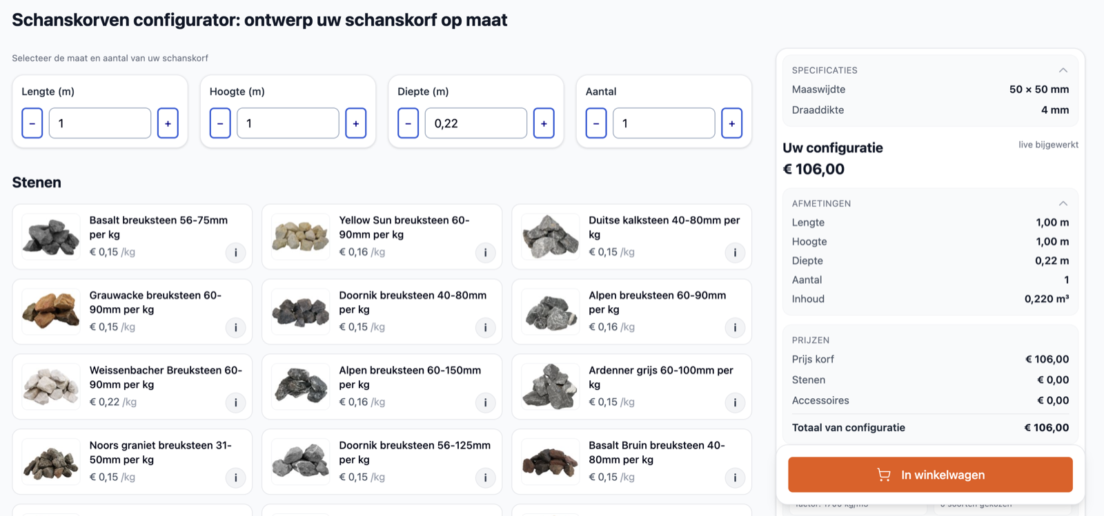Schanskorven configurator screenshot met maten, steenkeuze en live-prijsberekening